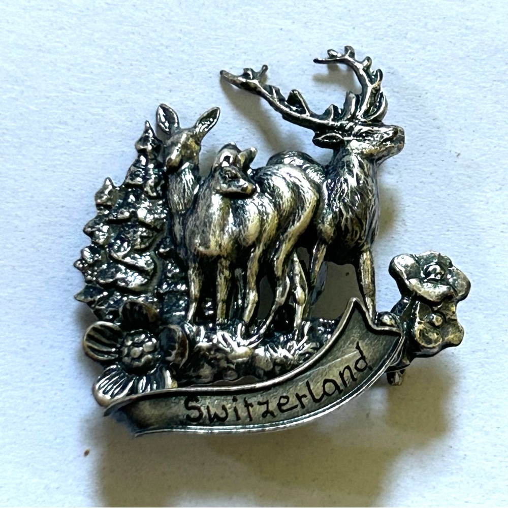 Switzerland Silver Tone Elk & Deer Pin VTG
